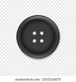 Realistic black clothes button with four holes. Sewing item decoration design. Cloth craft accessories element. Vector EPS 10