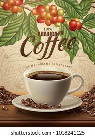 Realistic black coffee and beans in 3d illustration with retro ingredient plants and field scenery in etching shading style