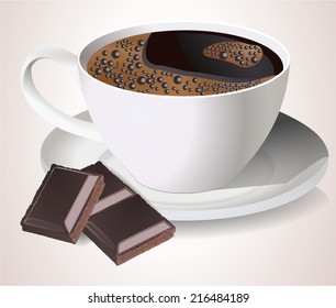 Realistic black coffee cup with foam and dark brown chocolate pieces. vector art image illustration, isolated on white background, eps10