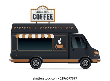 Realistic black coffee shop food truck mockup side view vector illustration