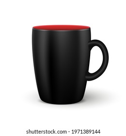 Realistic black coffee or tea cup isolated on white background. Mockup of 3d cup with red space inside and shadow. Blank surface for your logo design, text, banner of brand. Vector illustration EPS10