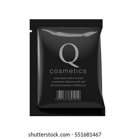 Realistic Black color Blank template Packaging Foil wet wipes Pouch Medicine or for cosmetics. vector illustration.