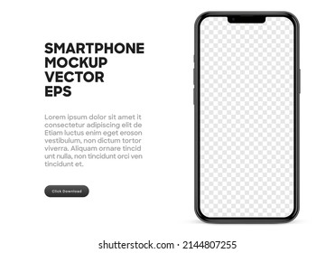 Realistic black color smartphone mockup isolated with transparent screens. Smart phone mockup collection. Device front view. 3D mobile phones with shadow and white background.