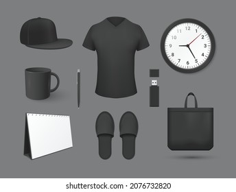 Realistic black corporate merchandise set vector illustration. Branding identity template promotional gift isolated. Cap, t shirt, mug, wall watch, pen, calendar, slippers, flash drive, shopper bag