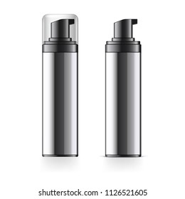 Realistic black Cosmetic bottle can sprayer container. Dispenser for cream, soups, foams and other cosmetics With lid and without. Template For Mock up Your Design. vector illustration.