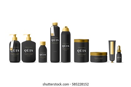 Realistic black cosmetic cream container and tube for cream, ointment, toothpaste, lotion Mock up bottle. Gel, powder, balsam, with design label. Soap pump. Containers for bulk mixtures.