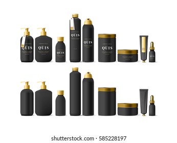 Realistic black cosmetic cream container and tube for cream, ointment, toothpaste, lotion Mock up bottle. Gel, powder, balsam, with design label. Soap pump. Containers for bulk mixtures.