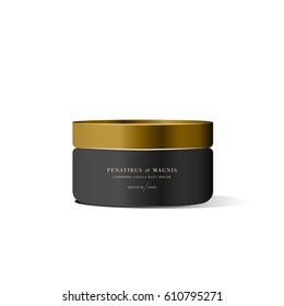 Realistic black cosmetic cream container for cream lotion. Mock up bottle. Gel, powder, balsam, with golden design label. Containers for bulk mixtures.