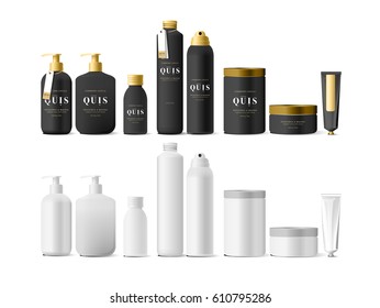 Realistic black cosmetic cream container and tube for cream, ointment, toothpaste, lotion Mock up bottle. Gel, powder, balsam, with design label. Soap pump. Containers for bulk mixtures.