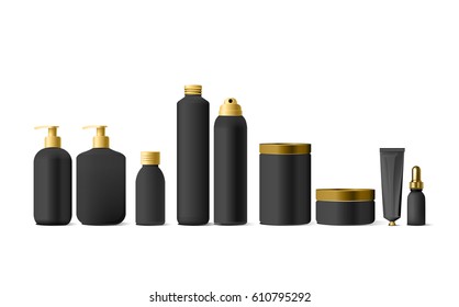 Realistic black cosmetic cream container and tube for cream, ointment, toothpaste, lotion Mock up bottle. Gel, powder, balsam, with empty label. Soap pump. Containers for bulk mixtures.