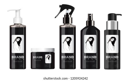 Realistic black cosmetic set mockup with white and black lid.
With a label depicting a beautiful girl. EPS 10.