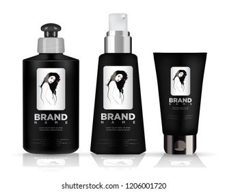 Realistic black and cosmetic set mockup with silver and black lid.
With a label depicting a beautiful girl. EPS 10.
