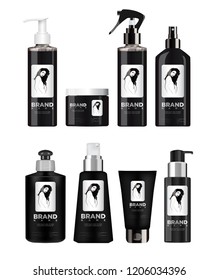 Realistic black cosmetic set mockup with white and black lid.
With a label depicting a beautiful girl. EPS 10.Vector illustration.