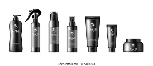 Realistic black cosmetic tubes isolated. Mockup cosmetic containers hand cream. Collection of bottles