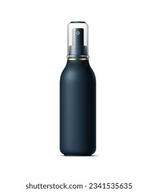 Realistic black cosmetics bottle, tube and plastic container. Isolated flask 3d vector mockup with a convenient sprayer dispenser. Blank elegant moiusturizer, micellar water, aerosol package with cap