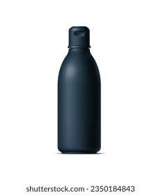 Realistic black cosmetics bottle, tube and plastic container, designed to hold beauty production such as lotion, cream, body milk, shampoo, balm or serum. Durable flask isolated 3d vector mockup