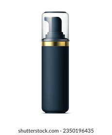 Realistic black cosmetics bottle, tube and plastic container. Isolated 3d vector mockup of the pump tube with transparent cap, luxury design, and golden details, enhancing production presentation