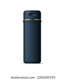 Realistic black cosmetics bottle, tube and plastic container for shampoo, lotion, skincare or hair liquid beauty production, isolated 3d vector mockup. Cosmetic flask with secure cap, and gold detail