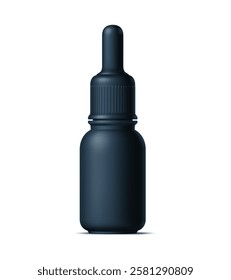 Realistic black cosmetics bottle, tube and plastic container. Isolated 3d vector mockup of the flask with a pipette or dropper for controlled and easy oil or serum beauty product dispensing