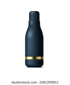 Realistic black cosmetics bottle, tube and plastic container. Stylish pack for beauty routine. Isolated 3d vector pack mockup for storing makeup essentials. Flask with a screw-on lid and gold detail