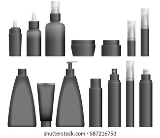 Realistic black Cosmetics bottles set on white background. Cosmetic cream containers and tubes for cream, lotion and shampoo, gel and balsam. Vector Illustration