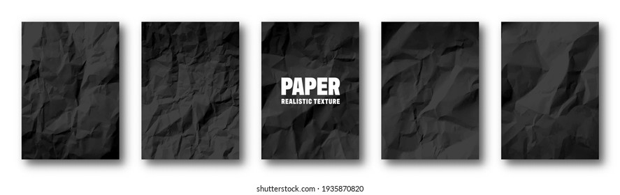 Realistic black crumpled paper texture. Isolated rough grunge old blank. Torn edges. Vector illustration.