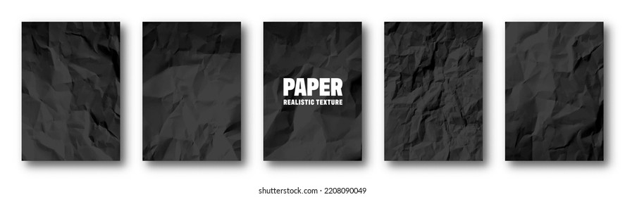 Realistic black crumpled paper texture. Isolated rough grunge old blank. Torn edges. Vector illustration.