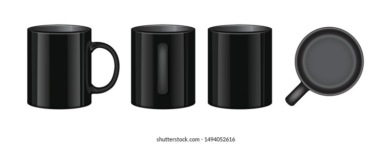 Realistic Black Cup Empty Template Mockup Set Different Views. Vector illustration of Mug for your logo and design