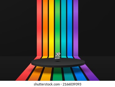 Realistic black cylinder pedestal podium with perspective stripes in rainbow color. Lgbtq concept. Abstract minimal scene for mockup products, stage showcase, promotion display. Vector geometric forms