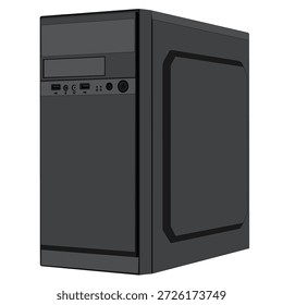 Ilustración vectorial de torre de computadora de escritorio negro realista. Adecuado para PC de juegos, computadora de oficina y conceptos de hardware.