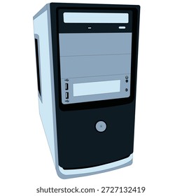 Ilustración vectorial de torre de computadora de escritorio negro realista. Adecuado para PC de juegos, computadora de oficina y conceptos de hardware.