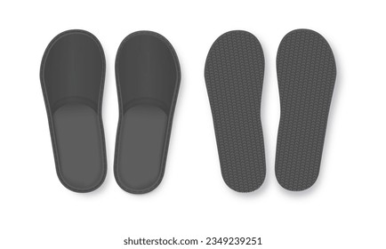 Realistic Black Detailed Hotel Slippers on White Background. Comfortable Footwear. Vector illustration