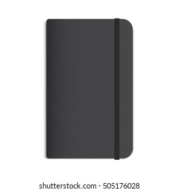 Realistic Black Diary, Notebook With Elastic Band. Vector Mockup