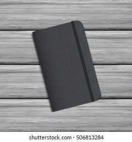 Realistic Black Diary, Notebook with Elastic Band On Wooden Table. Vector