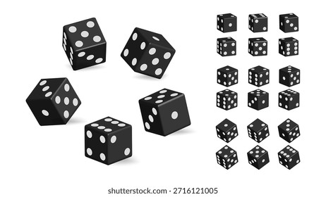 Vector realista del juego de dados negro – cubos del juego del casino 3D con todas las caras de los dados, juego, juego del Tablero y concepto de la probabilidad. 
