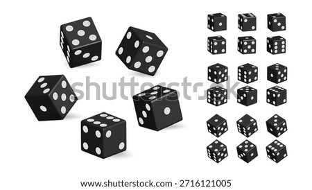 Realistic Black Dice Set Vector – 3D Casino Game Cubes with All Dice Faces, Gambling, Board Game and Probability Concept. 