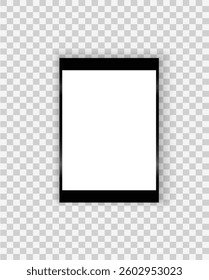 Realistic black digital tablet with turned-off screen, modern slim design, and soft shadow, isolated on transparent background, ideal for technology presentations, mockups, and branding