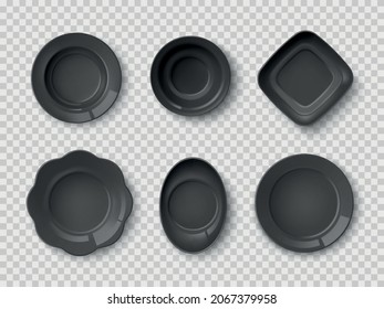 Realistic black dishes. Dark color plates top view