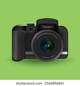 Realistic black DSLR camera, front view, detailed lens and body design, vector illustration.