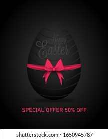 Realistic black Easter egg tied of pink ribbon with a big bow on blac background. Egg in black color for Easter Day or Easter greeting card with realistic shine light . ESP 10