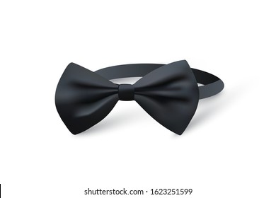 Realistic black elegant bow tie isolated on white. Stylish accessory for real gentlemen. Male fashion formal style. Old fashioned hipster design. Invitation advertising template. Vector illustration