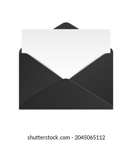 Realistic black envelope. Opened envelope mockup with paper sheet, isolated unfolded letter. Vector illustration