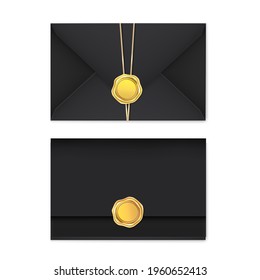 Realistic black envelopes with a gold stamp on a light background. Vector illustration of the wax luxury seal.Design element.