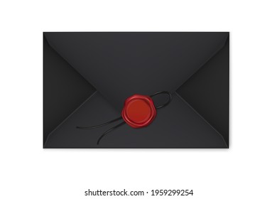 Realistic black envelopes with a red stamp on a light background. Vector illustration of the wax luxury seal.Design element.