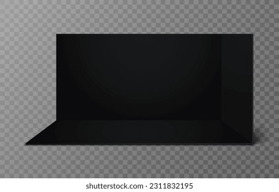 Realistic black exhibition booth with shadow on transparent background. Trade showroom. Empty geometric square dark corner. Blank box template for presentation, advertising. 3d Vector illustration