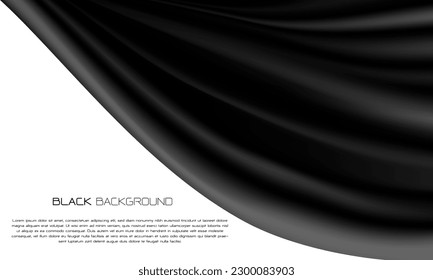 Realistic black fabric curtain curve wave on white design luxury background vector illustration.