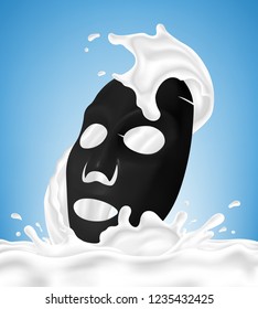 Realistic black facial cosmetic sheet mask and abstract splash isolated on blue background. Vector illustration