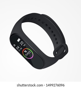 Realistic black fitness bracelet, with infographics measuring balls, 04:20 time. In 3D perspective