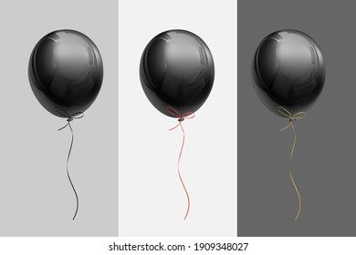 Realistic black flying balloons with ribbons of black, red, gold on backgrounds of different saturations for use in different necessary cases. Decoration element templates. 3d Vector object