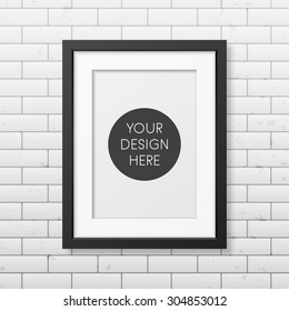 Realistic black frame A4 on the brick wall background. It can be used for presentations. Vector EPS10 illustration. 